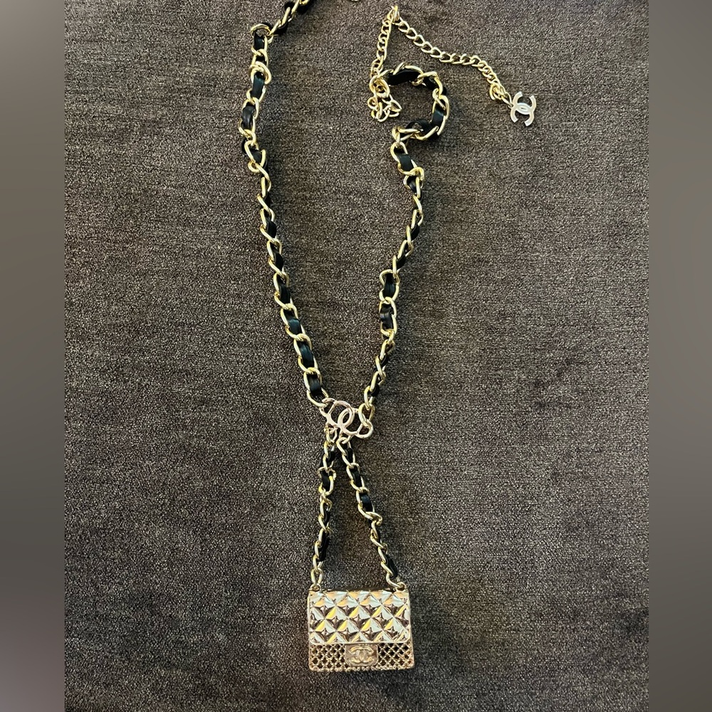 CHANEL Black and Gold Chain Necklace with Bag Charm
